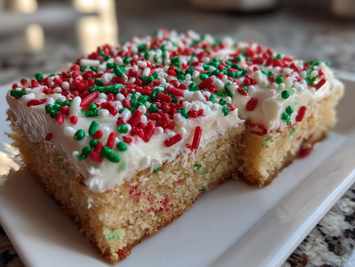 A thick, square slice of Christmas sugar cookie bars topped with white frosting and festive red, green, and white sprinkles.