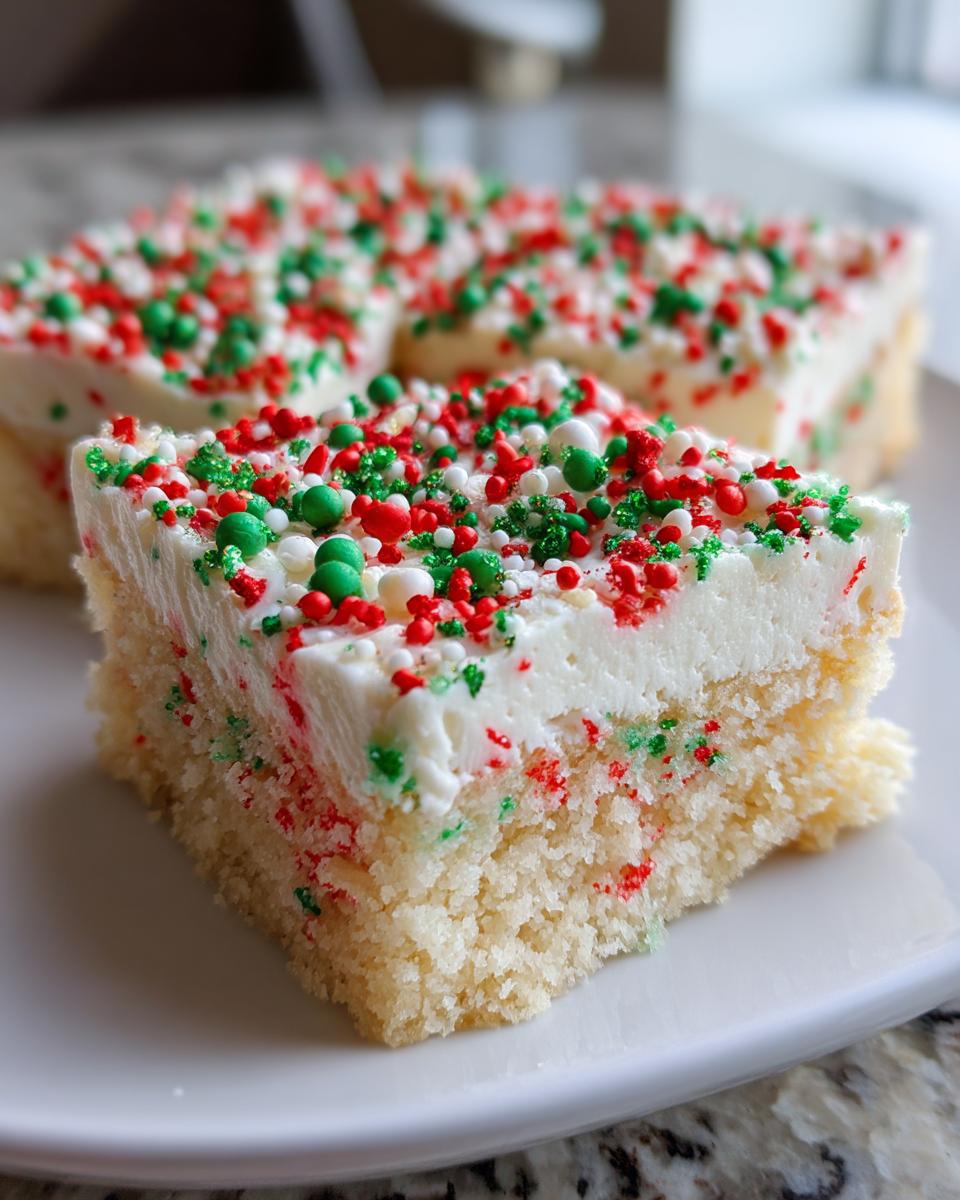 A close-up of a thick slice of christmas sugar cookie bars topped with white frosting and festive red, green, and white sprinkles.