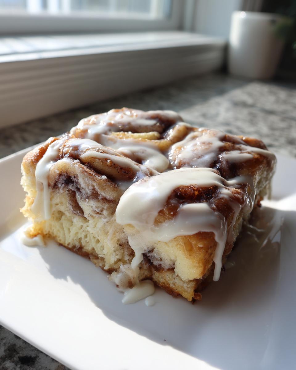 A close-up of a square portion of cinnamon roll french toast, generously drizzled with white icing.