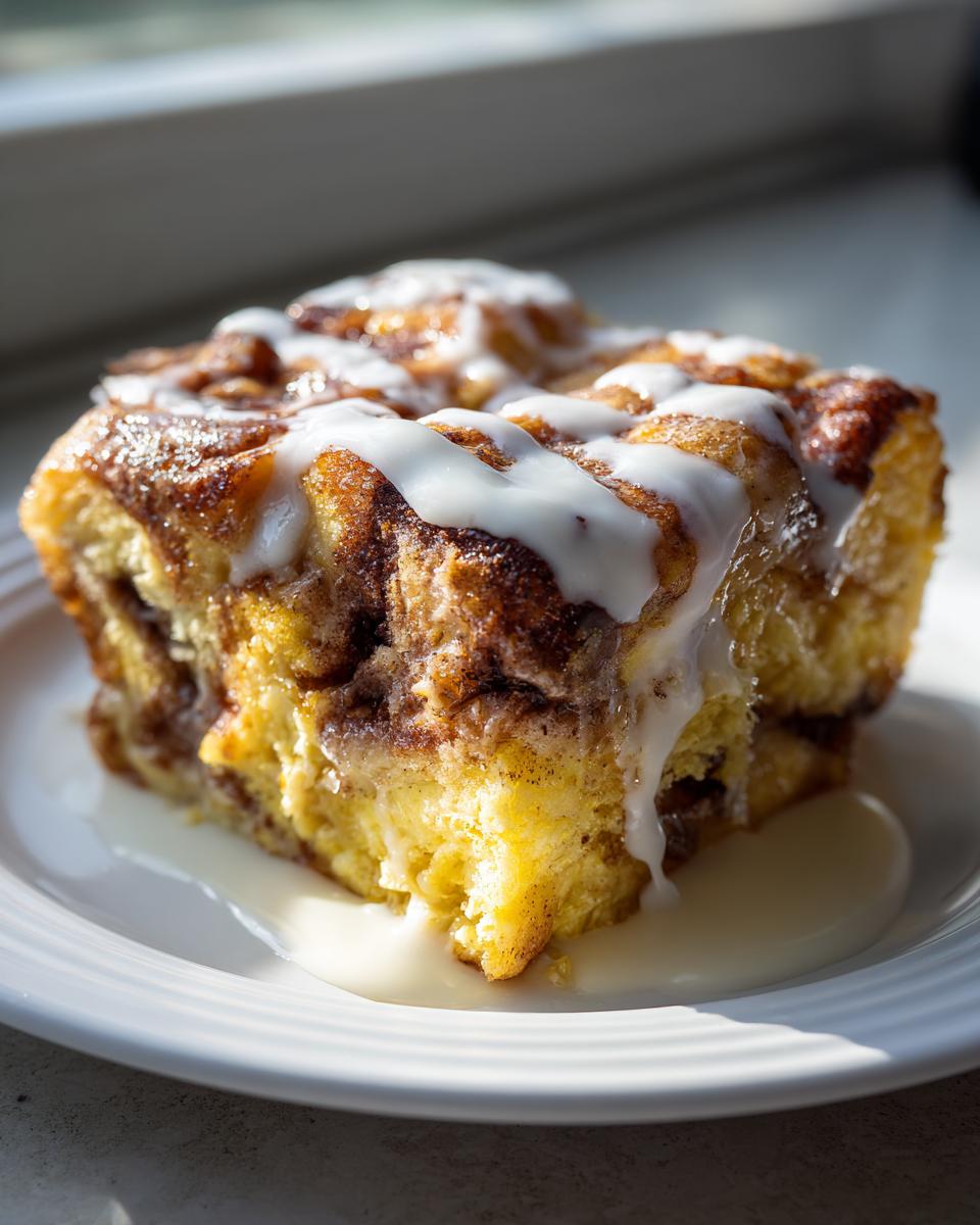 A close-up of a serving of cinnamon roll french toast drizzled heavily with white icing on a white plate.