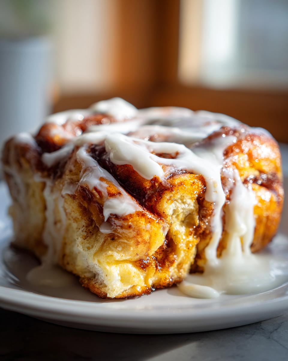 Close-up of a thick slice of cinnamon roll french toast dripping with white cream cheese icing.