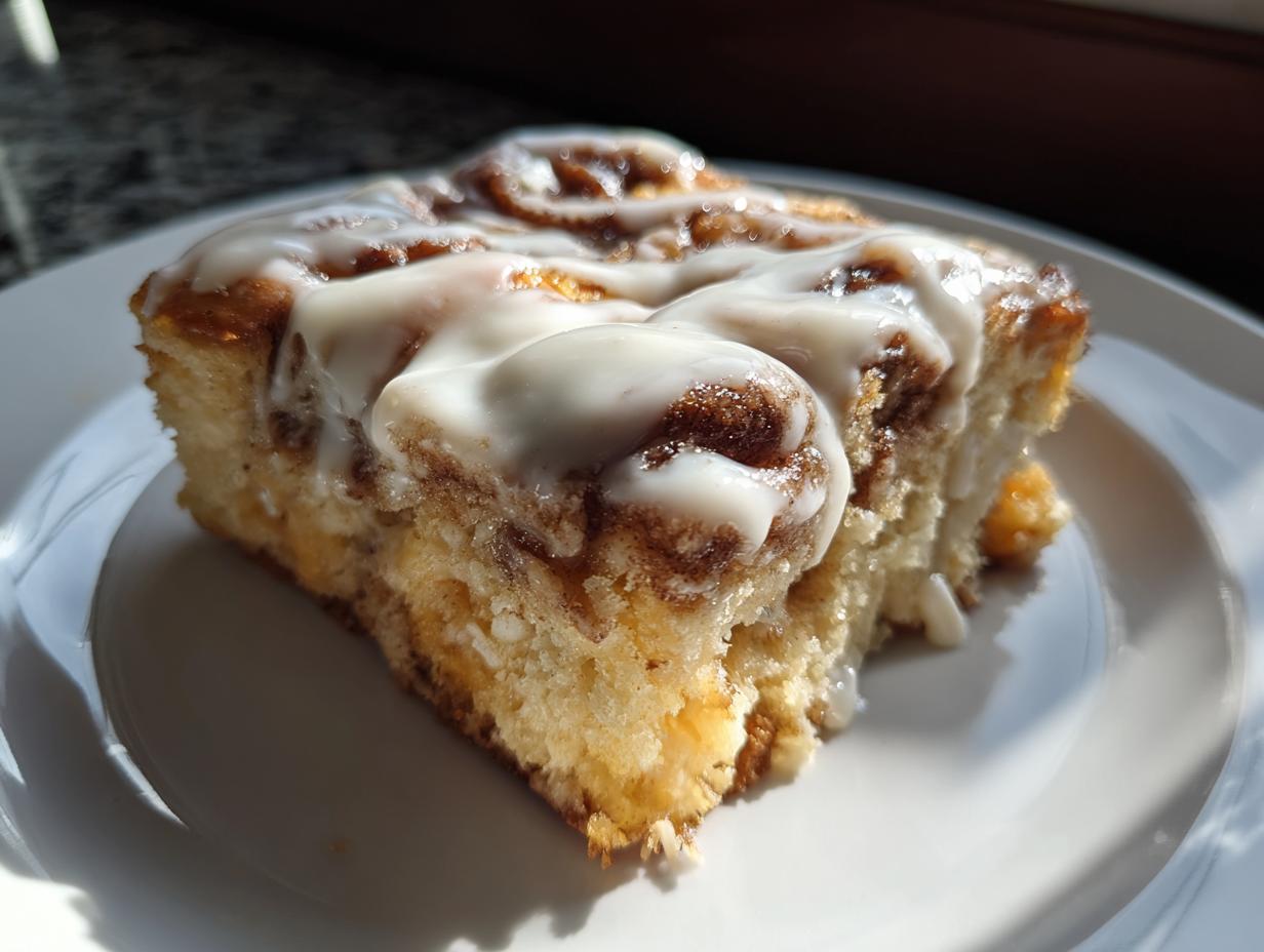 A close-up, sunlit slice of cinnamon roll french toast topped generously with thick white icing.