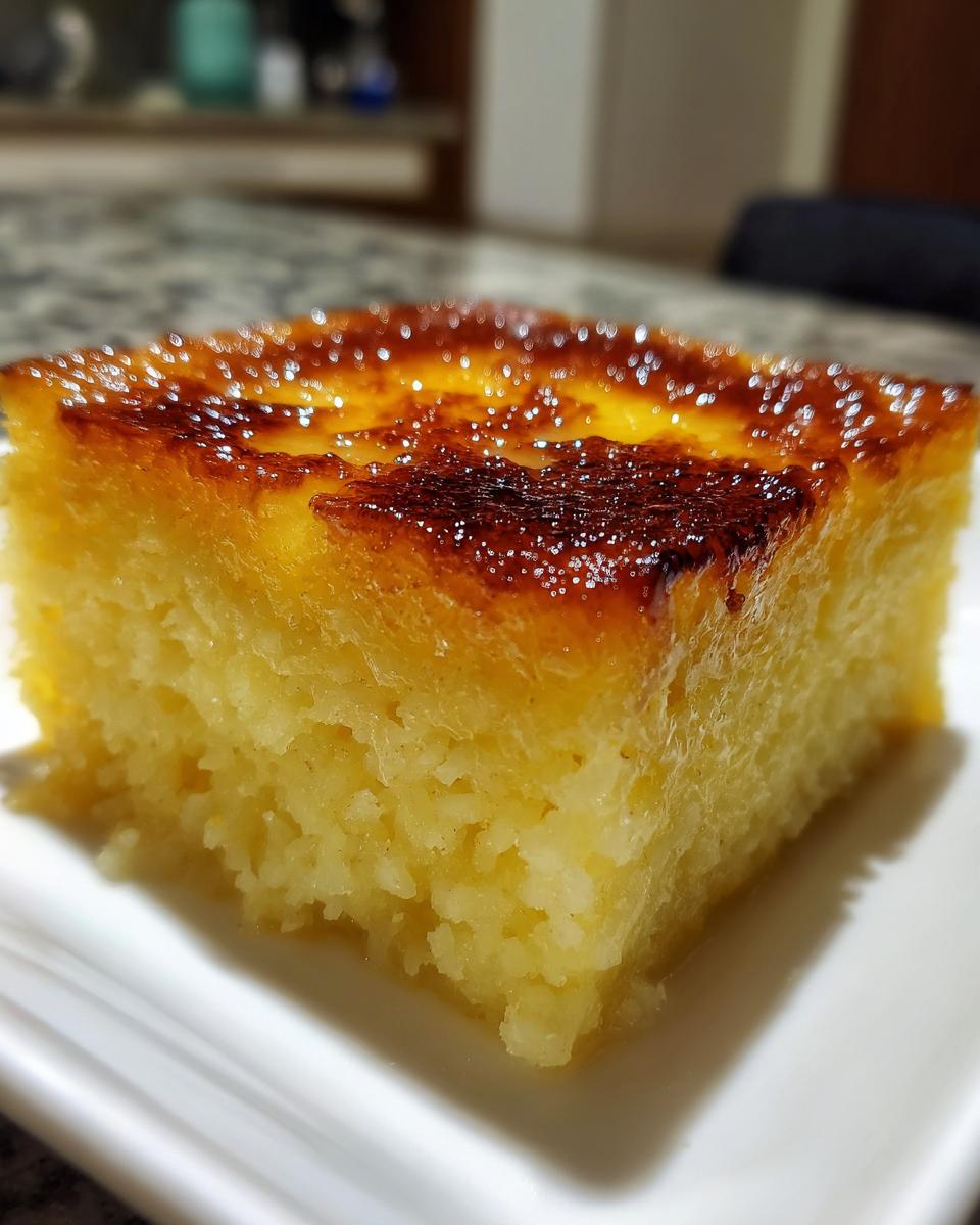 A close-up, macro shot of a square piece of moist cassava cake with a beautifully caramelized, glossy, dark golden-brown top.