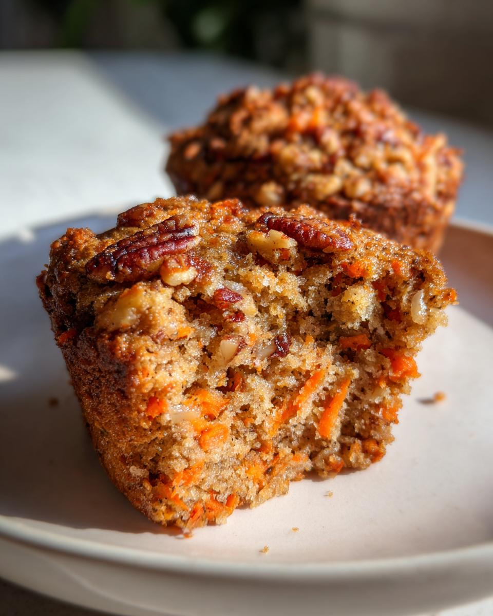 Close-up of a morning glory muffin with a bite taken out, showing shredded carrots and pecans inside, with another muffin blurred in the background.