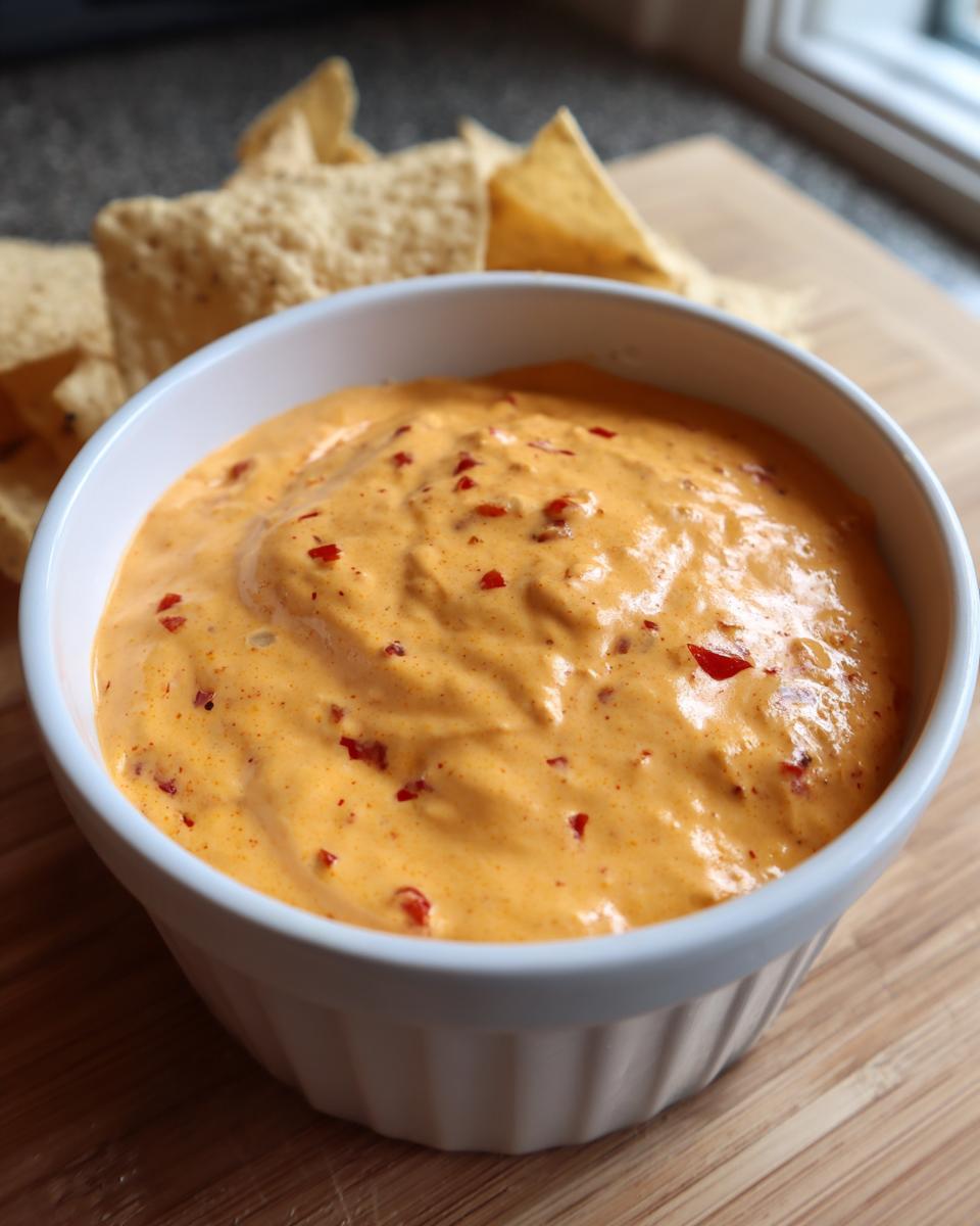 A white bowl filled with vibrant orange cottage cheese queso dip, topped with red chili flakes, served with tortilla chips.