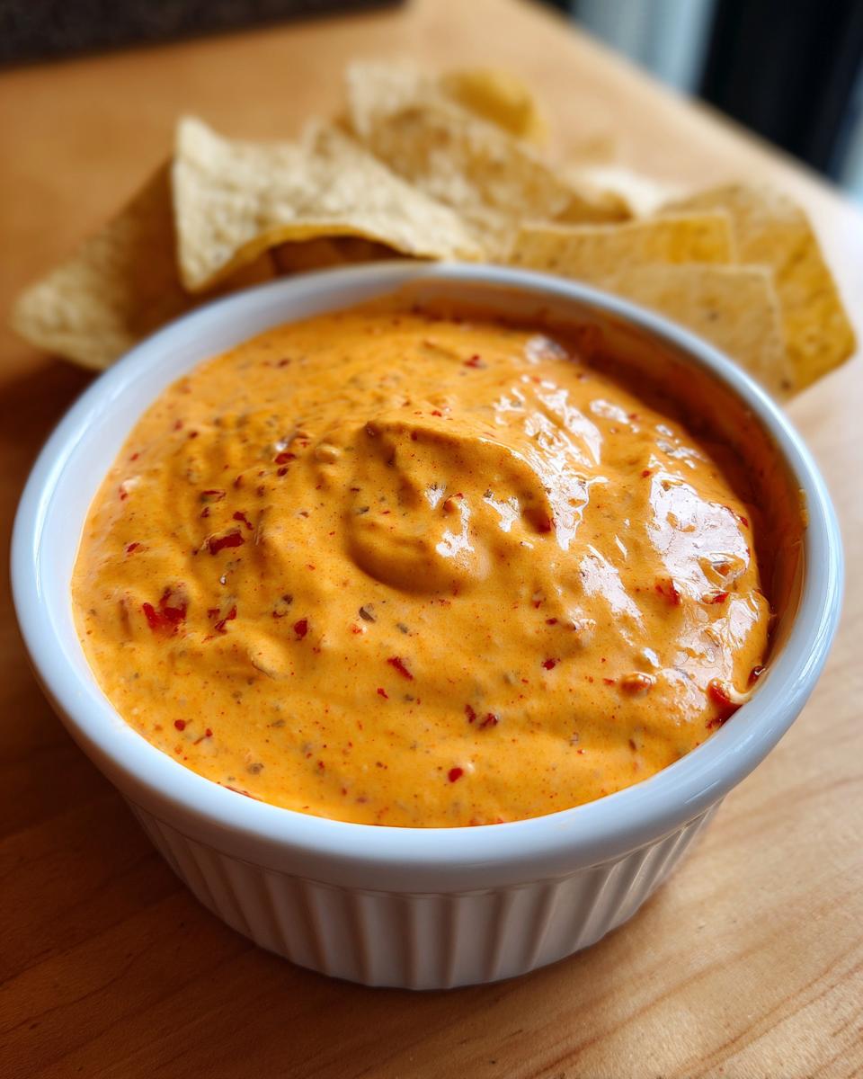Close-up of a white bowl filled with bright orange cottage cheese queso dip, served with tortilla chips in the background.