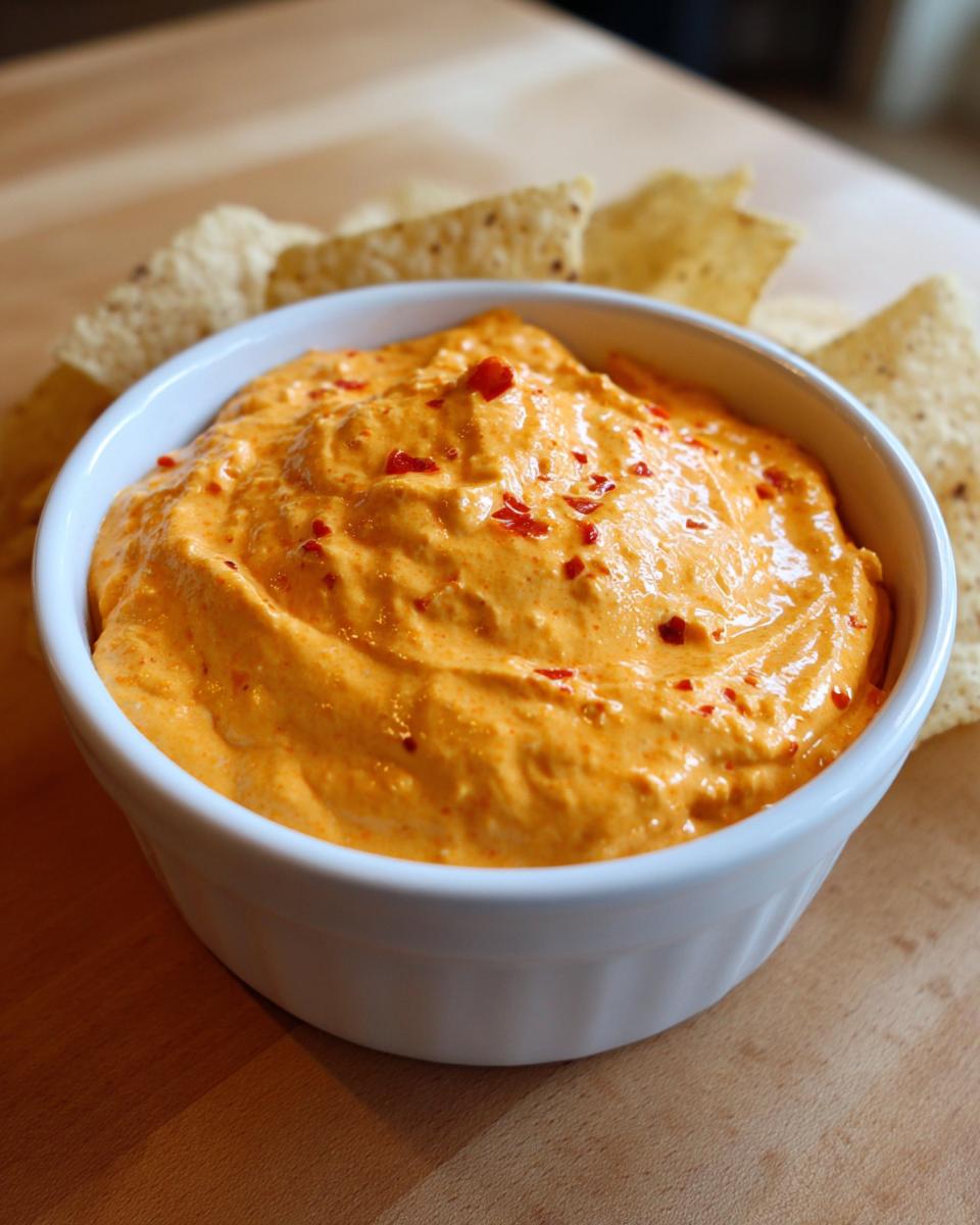 Close-up of bright orange cottage cheese queso dip topped with red pepper flakes, served with tortilla chips.