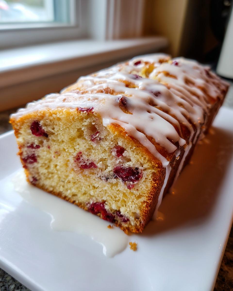 Close-up of a slice of moist cranberry orange cake loaf drizzled heavily with white glaze.