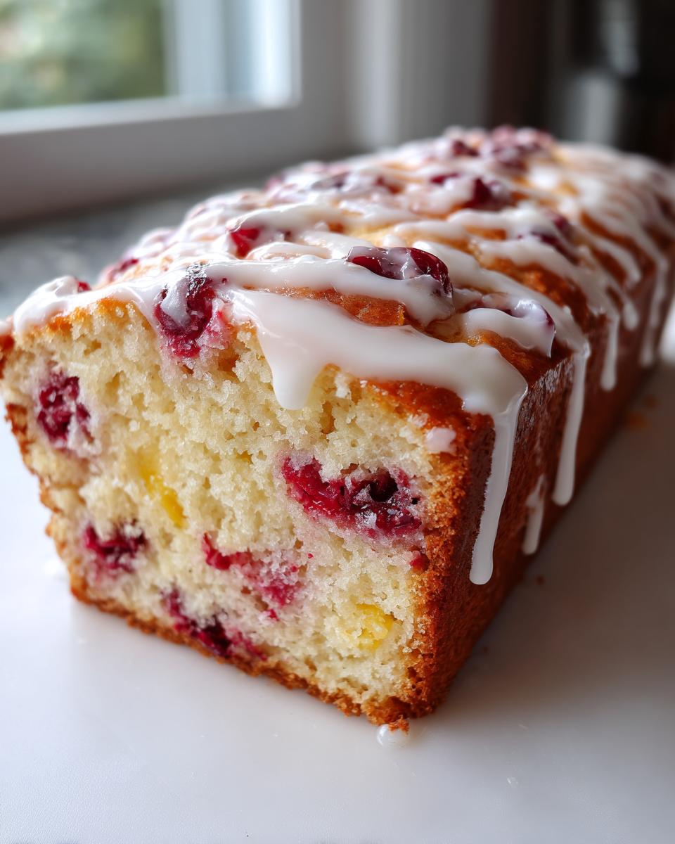 Close-up of a moist cranberry orange cake loaf topped with white citrus glaze and whole cranberries.