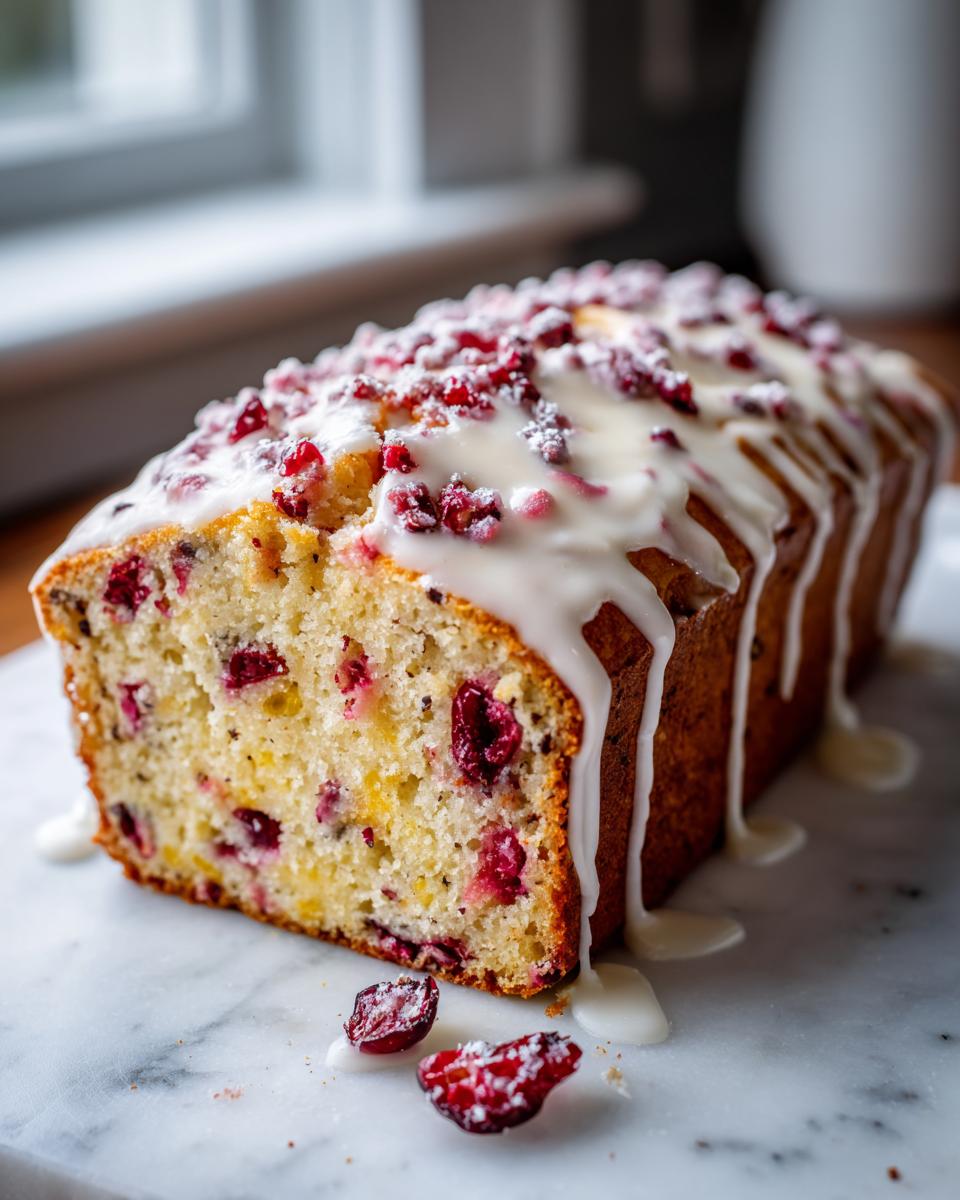 A close-up of a freshly baked cranberry orange cake loaf drizzled with white glaze and topped with dried cranberries.