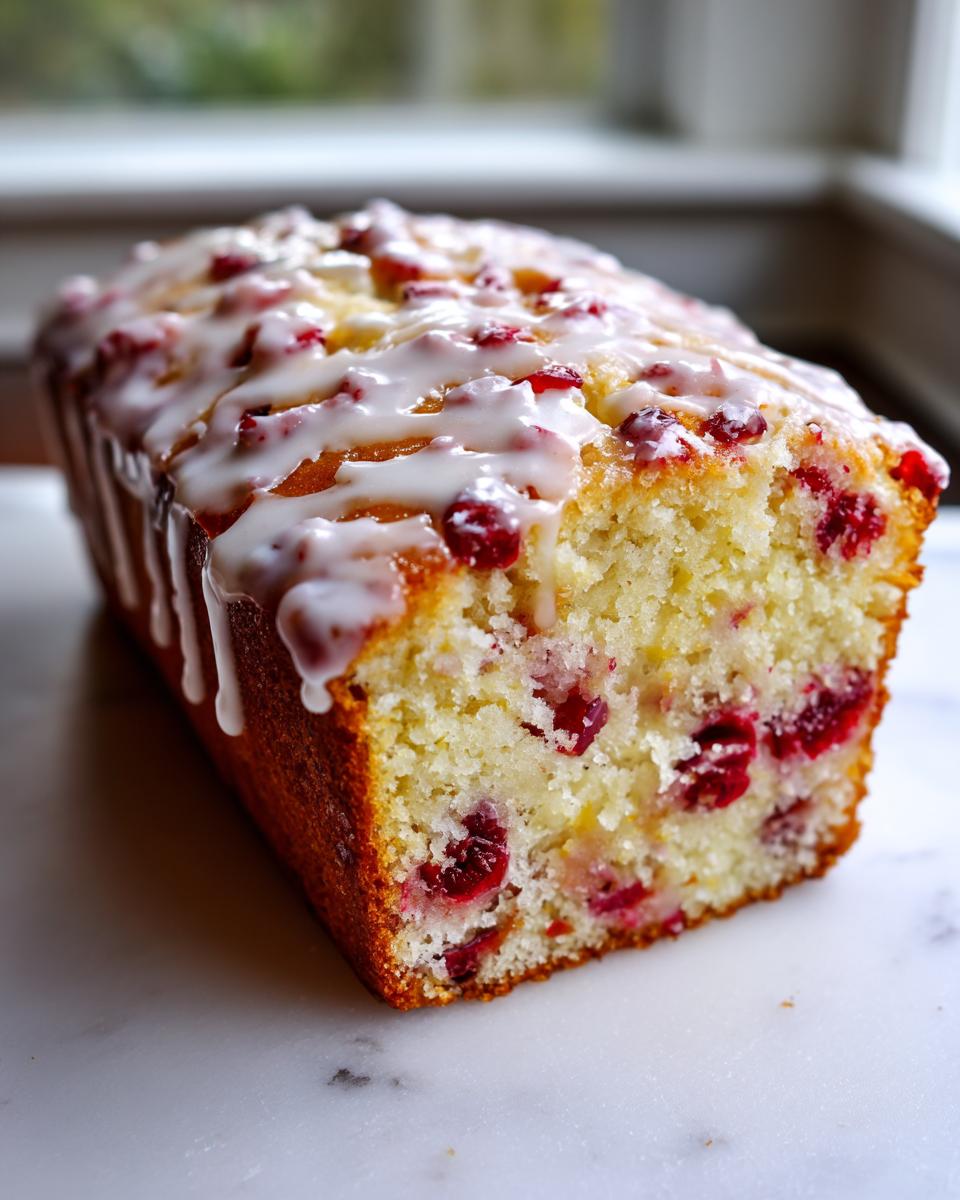 A close-up of a freshly baked cranberry orange cake loaf drizzled with white glaze.
