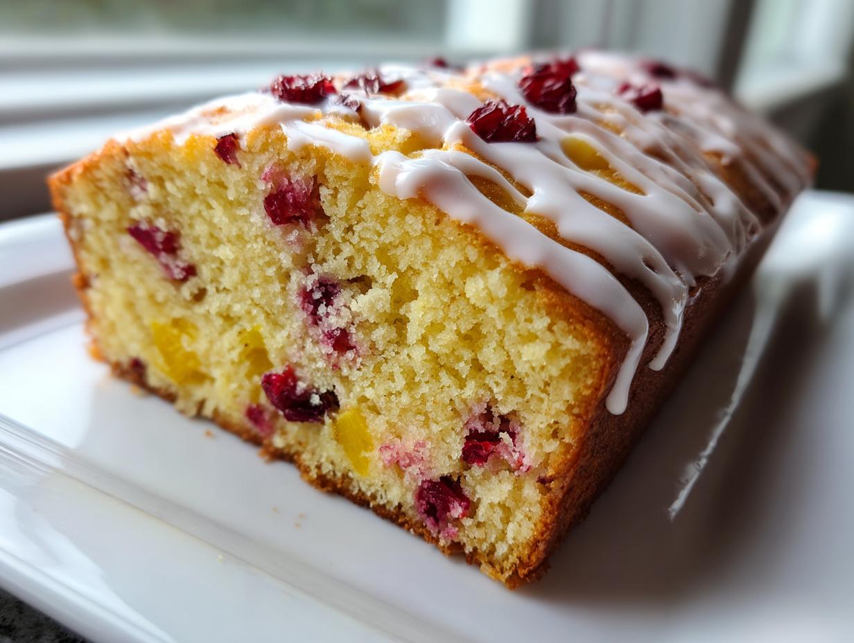A close-up cross-section of a moist cranberry orange cake loaf, topped with white glaze and dried cranberries.