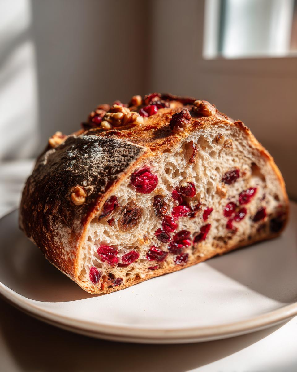 A close-up of a slice of homemade cranberry walnut bread showing the open crumb filled with bright red cranberries and walnuts.