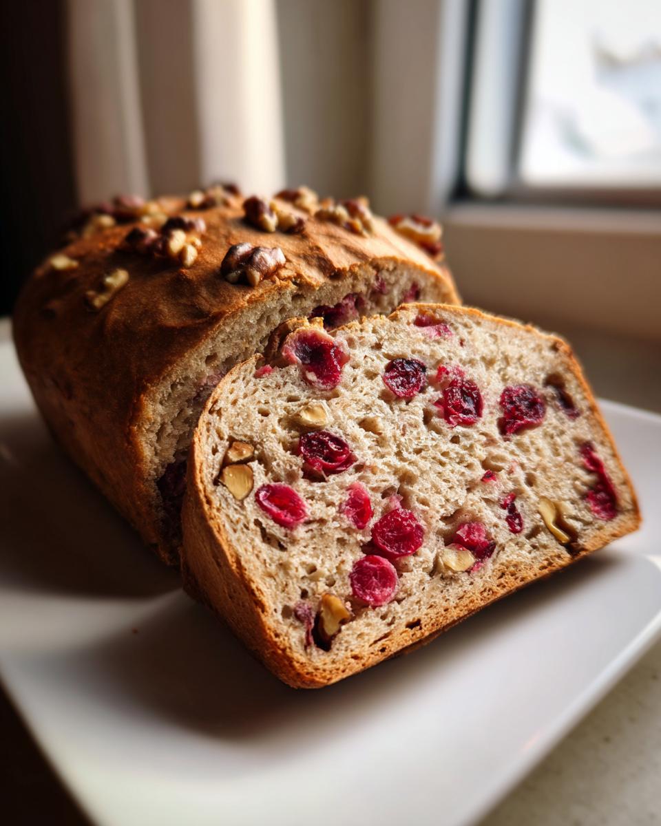 A loaf of freshly baked cranberry walnut bread, partially sliced, showing bright red cranberries and walnuts inside the crumb.