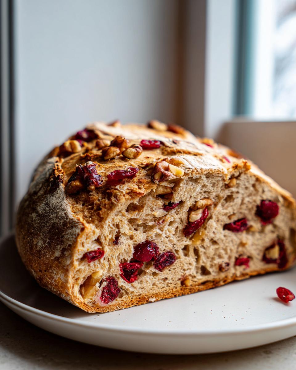 A close-up shot of a freshly baked loaf of cranberry walnut bread, showing the open crumb filled with bright red cranberries and walnuts.