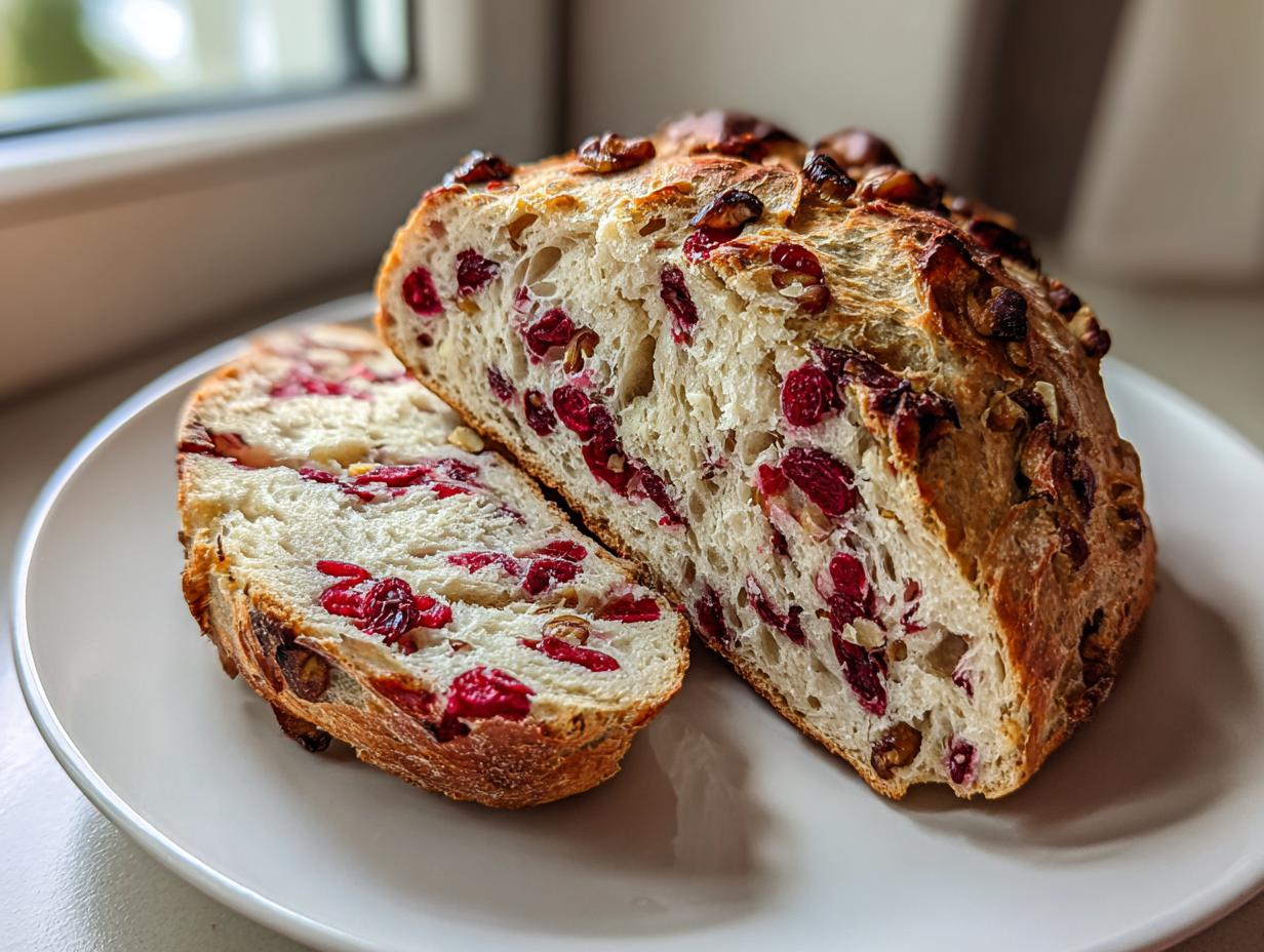 A loaf of freshly baked cranberry walnut bread, sliced open to show the interior texture filled with bright red cranberries and walnuts.