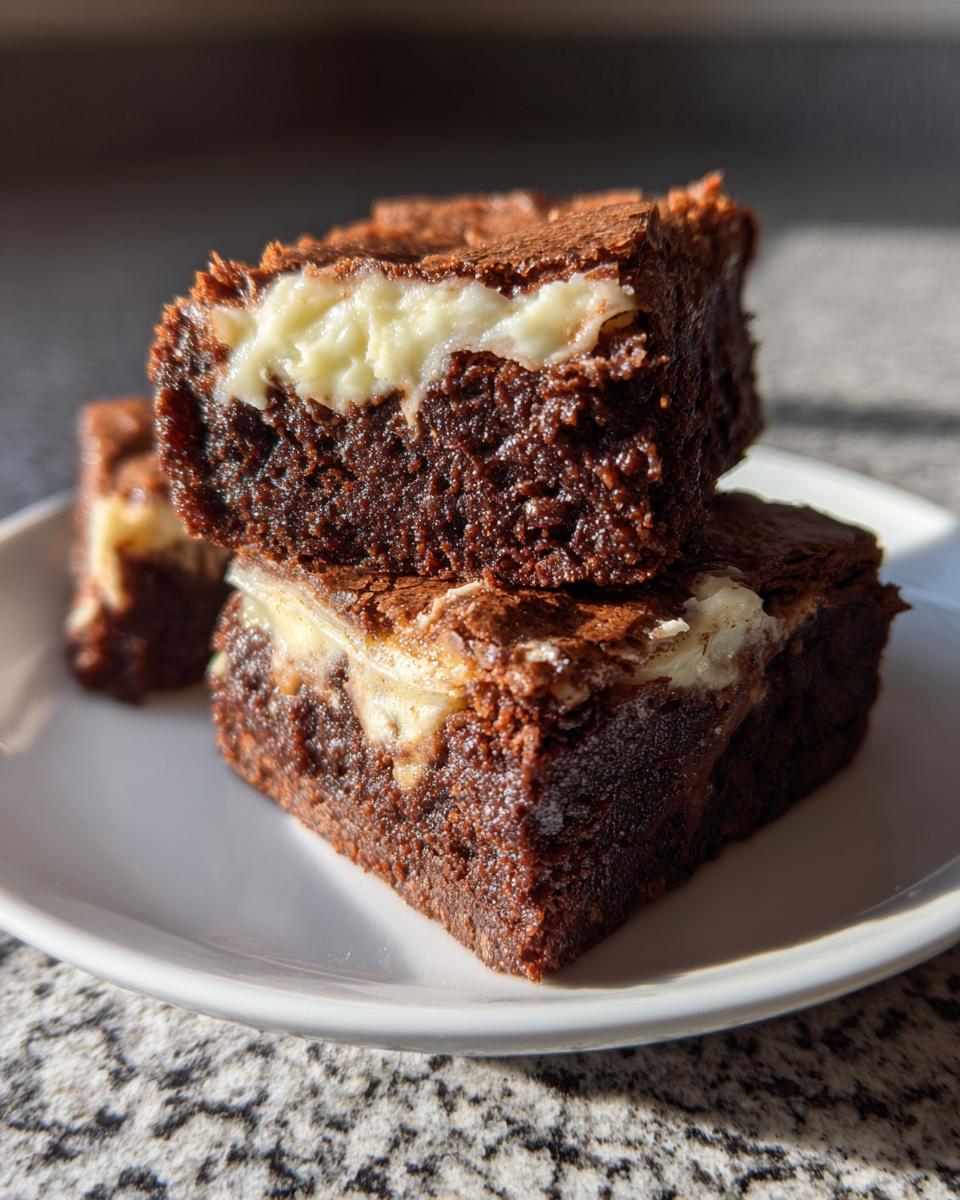 Two stacked, fudgy gingerbread brownies with a cream cheese swirl, sitting on a white plate.