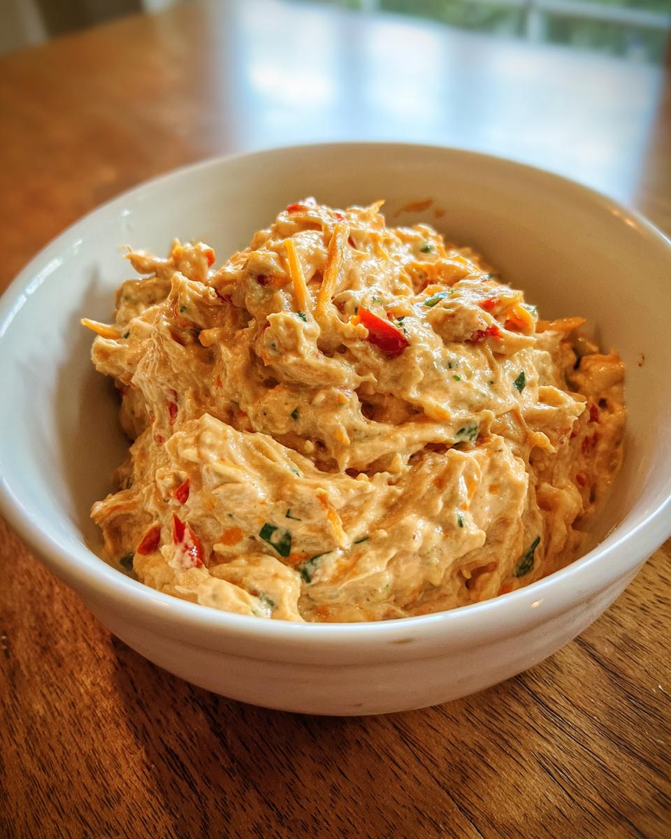 A close-up of thick, creamy, orange-hued boat dip mixed with shredded cheese and red peppers in a white bowl.