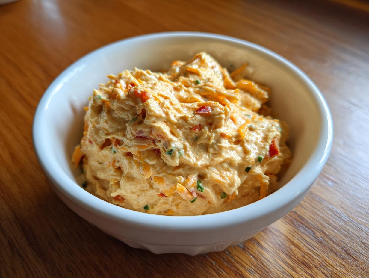 A close-up of the creamy, orange-colored boat dip mixed with shredded cheese and red peppers in a white serving bowl.