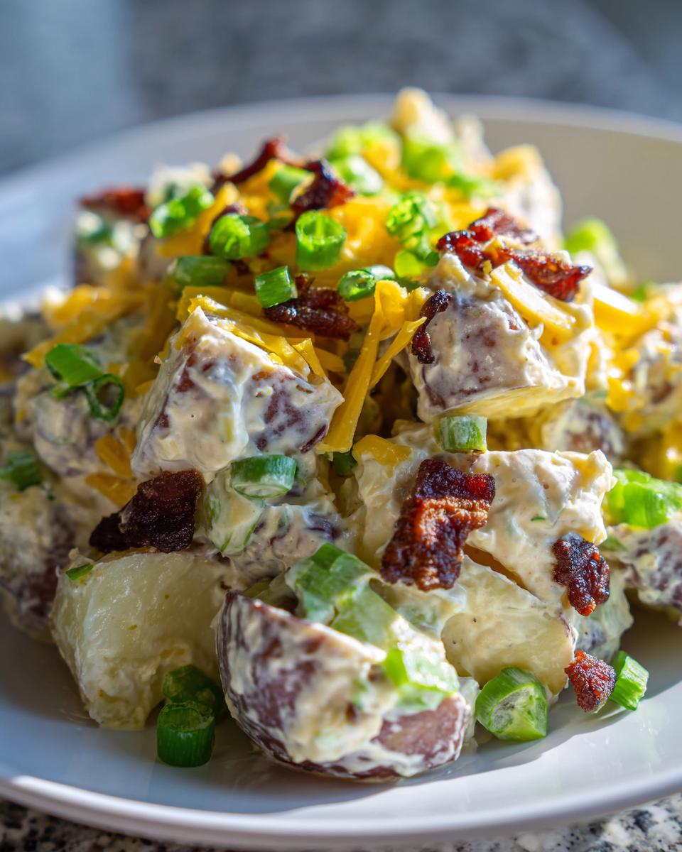 Close-up of creamy baked potato salad topped with shredded cheddar, bacon bits, and green onions.