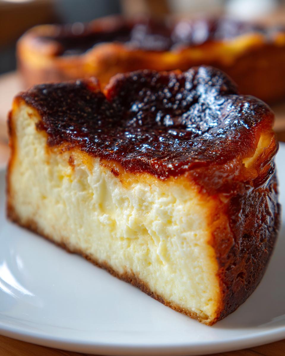 A close-up of a creamy slice of Basque cheesecake with a deeply caramelized, burnt top.
