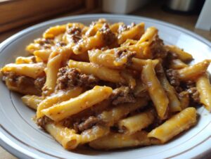 A close-up of a bowl filled with creamy beef pasta, featuring penne noodles coated in a rich, savory sauce with ground beef.