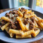 A close-up serving of creamy beef pasta featuring ziti noodles, rich ground beef sauce, and melted white cheese.