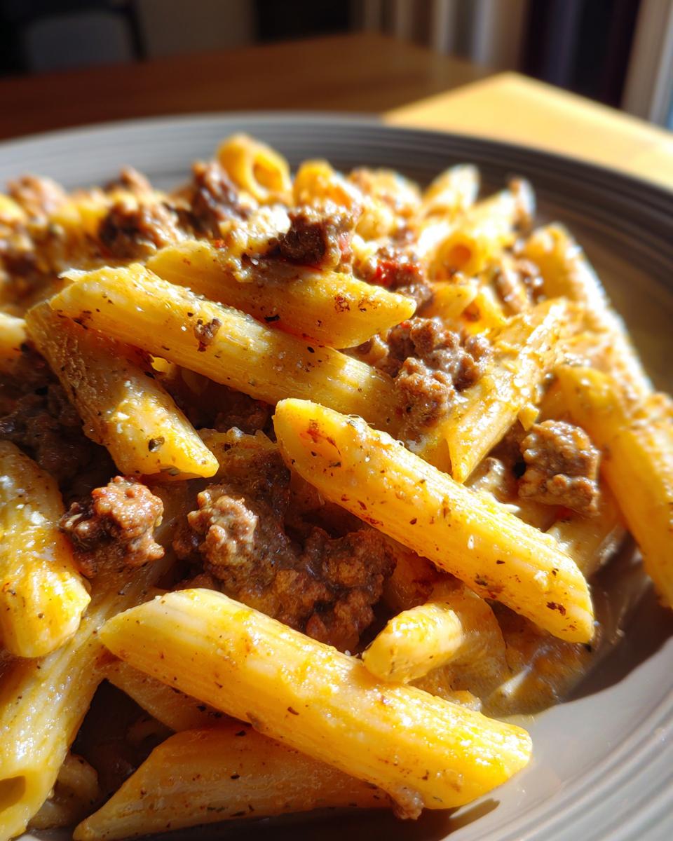 A close-up, sunlit shot of creamy beef pasta featuring penne noodles coated in a rich, savory sauce with ground beef.