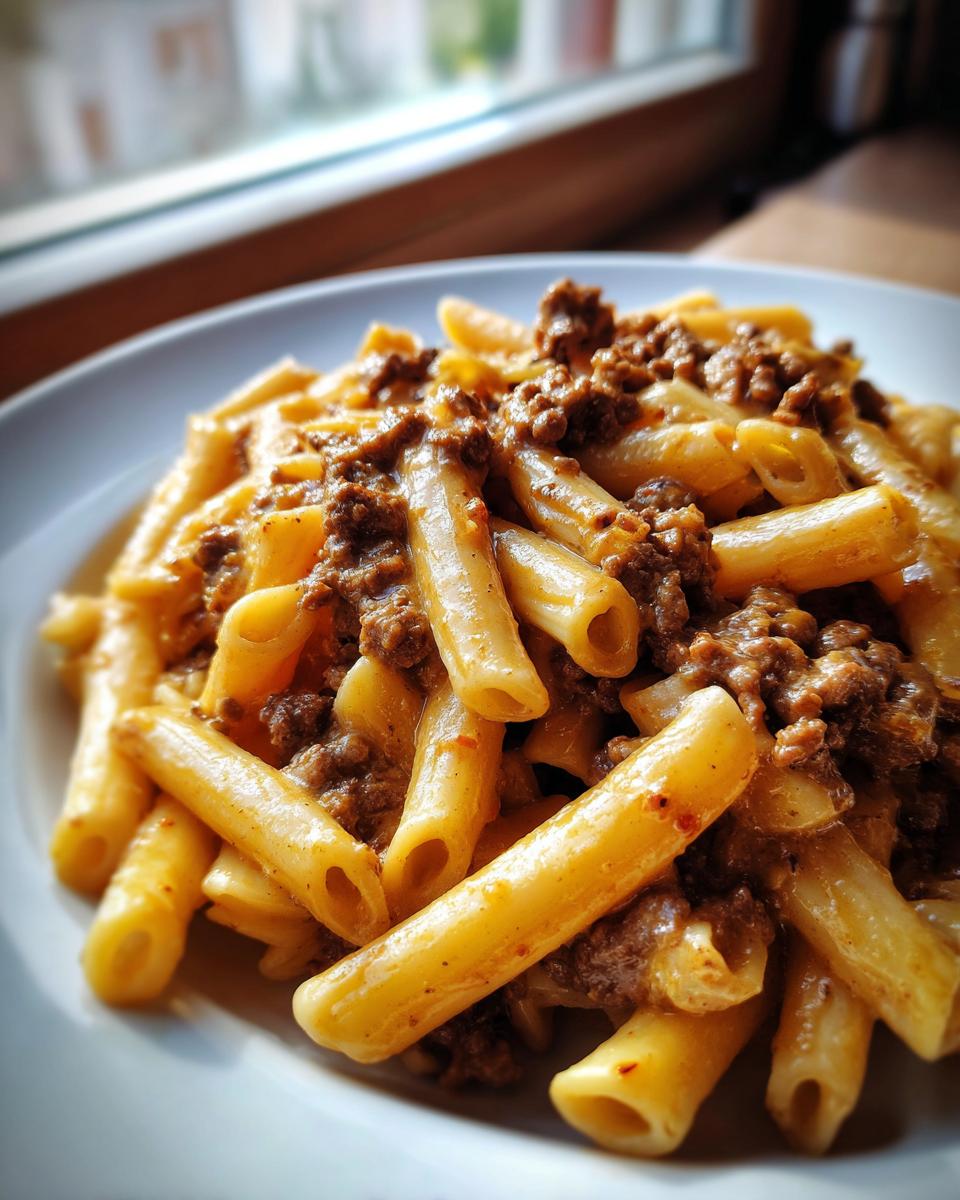 A close-up shot of a white plate filled with creamy beef pasta made with penne tubes coated in a rich sauce.