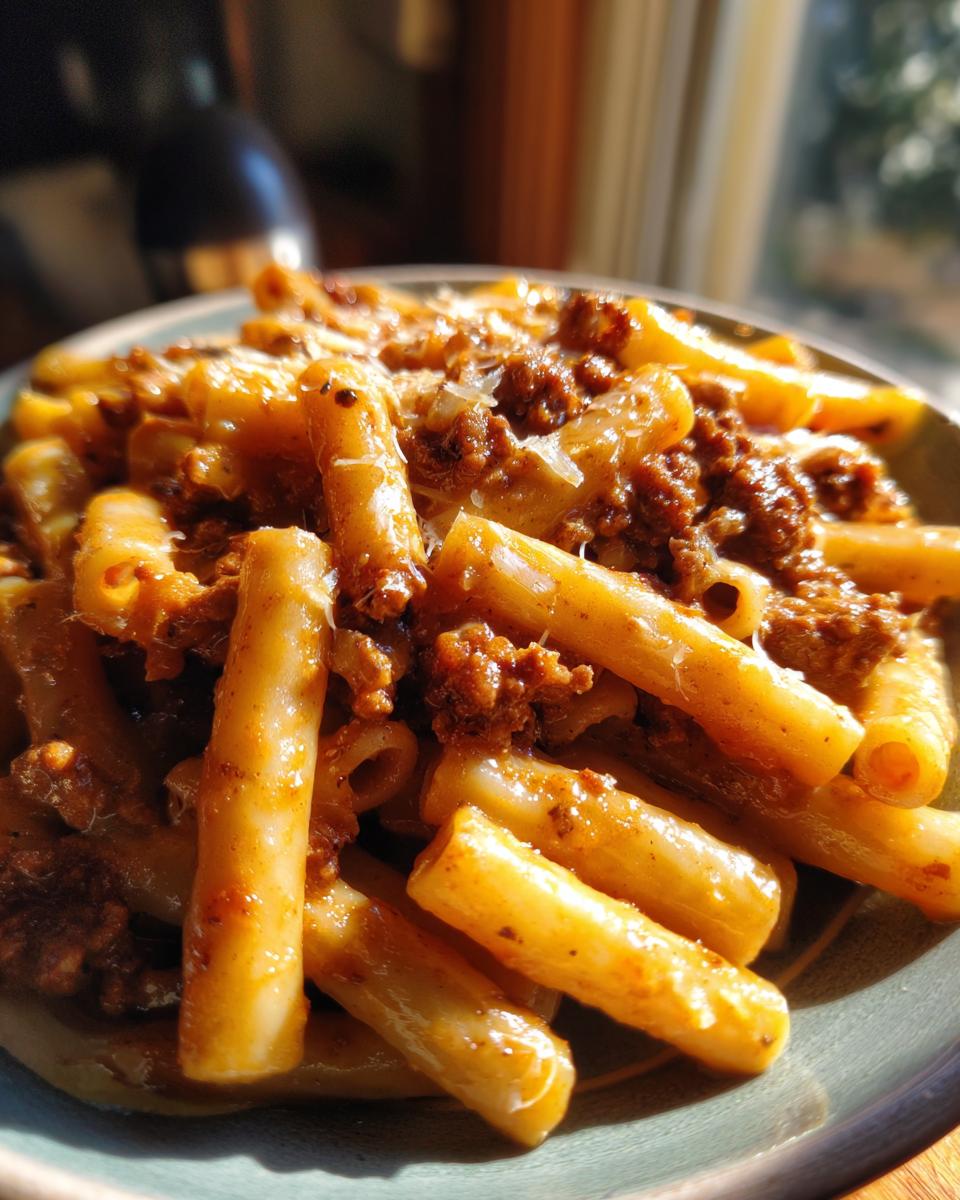 A close-up shot of a bowl of creamy beef pasta featuring rigatoni coated in a rich, savory sauce and topped with grated cheese.