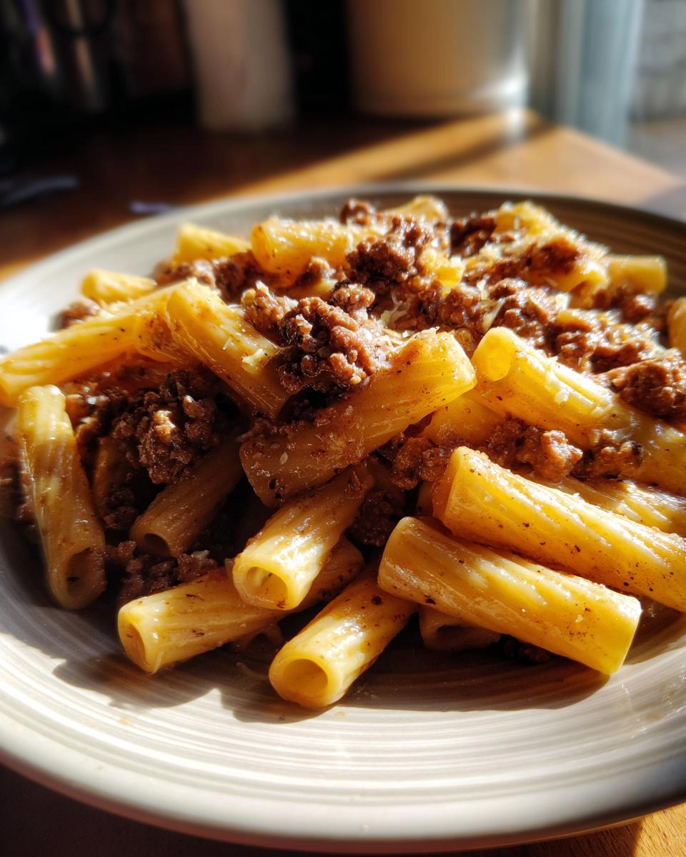 A close-up, sunlit photo of creamy beef pasta made with rigatoni tubes mixed with a rich meat sauce.