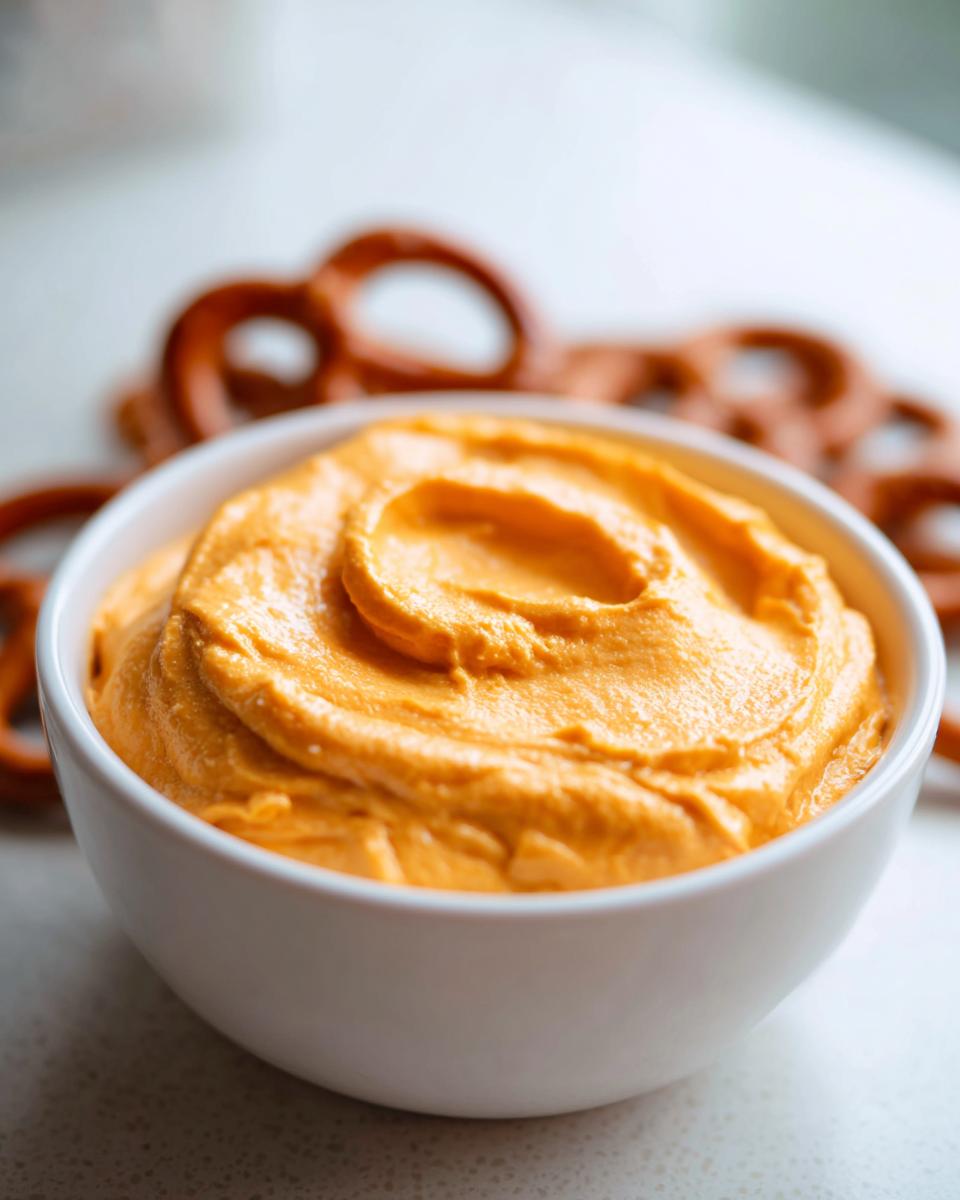 Close-up of a white bowl filled with smooth, orange beer cheese dip, with soft pretzels blurred in the background.
