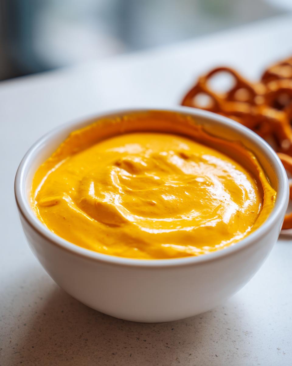 Close-up of a white bowl filled with vibrant, creamy beer cheese dip, with pretzels visible in the background.