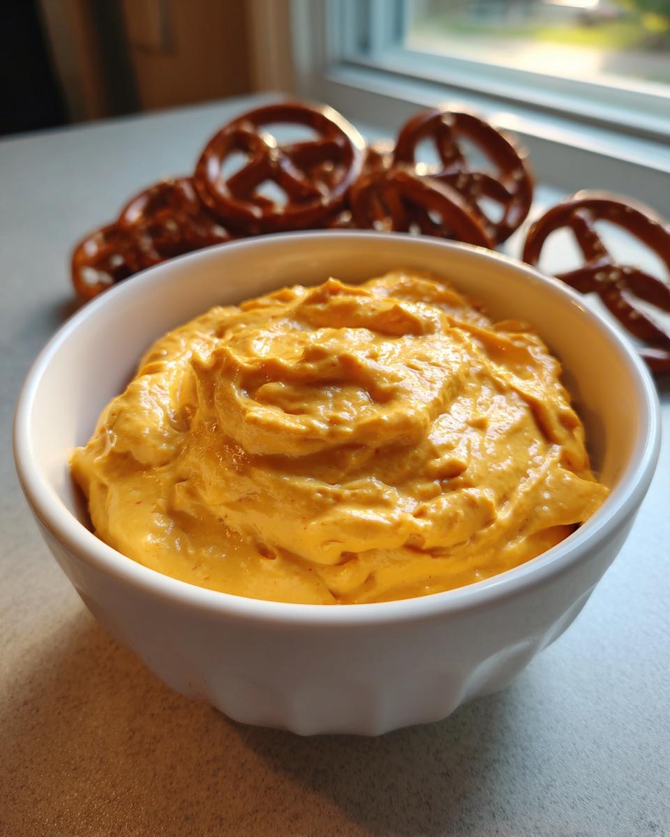 A white bowl filled with thick, orange beer cheese dip, with hard pretzels visible in the background.