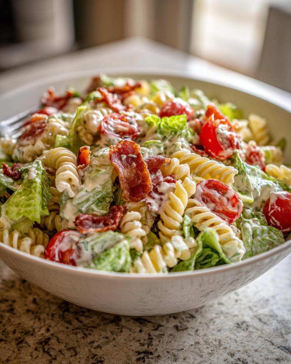 Close-up of a creamy blt pasta salad with fusilli pasta, romaine lettuce, cherry tomatoes, and crispy bacon.