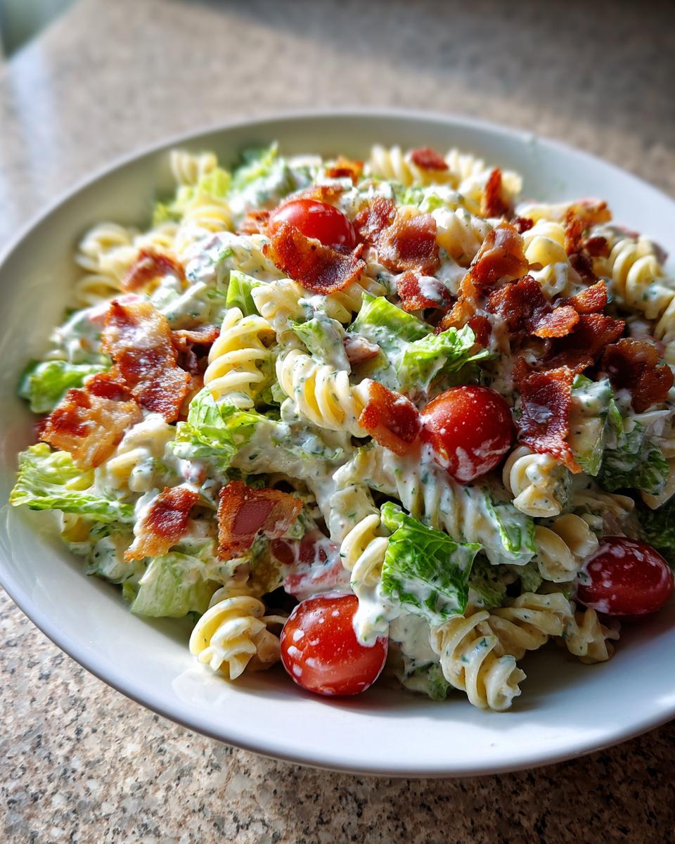 A close-up of creamy blt pasta salad featuring rotini pasta, crisp lettuce, cherry tomatoes, and crumbled bacon.
