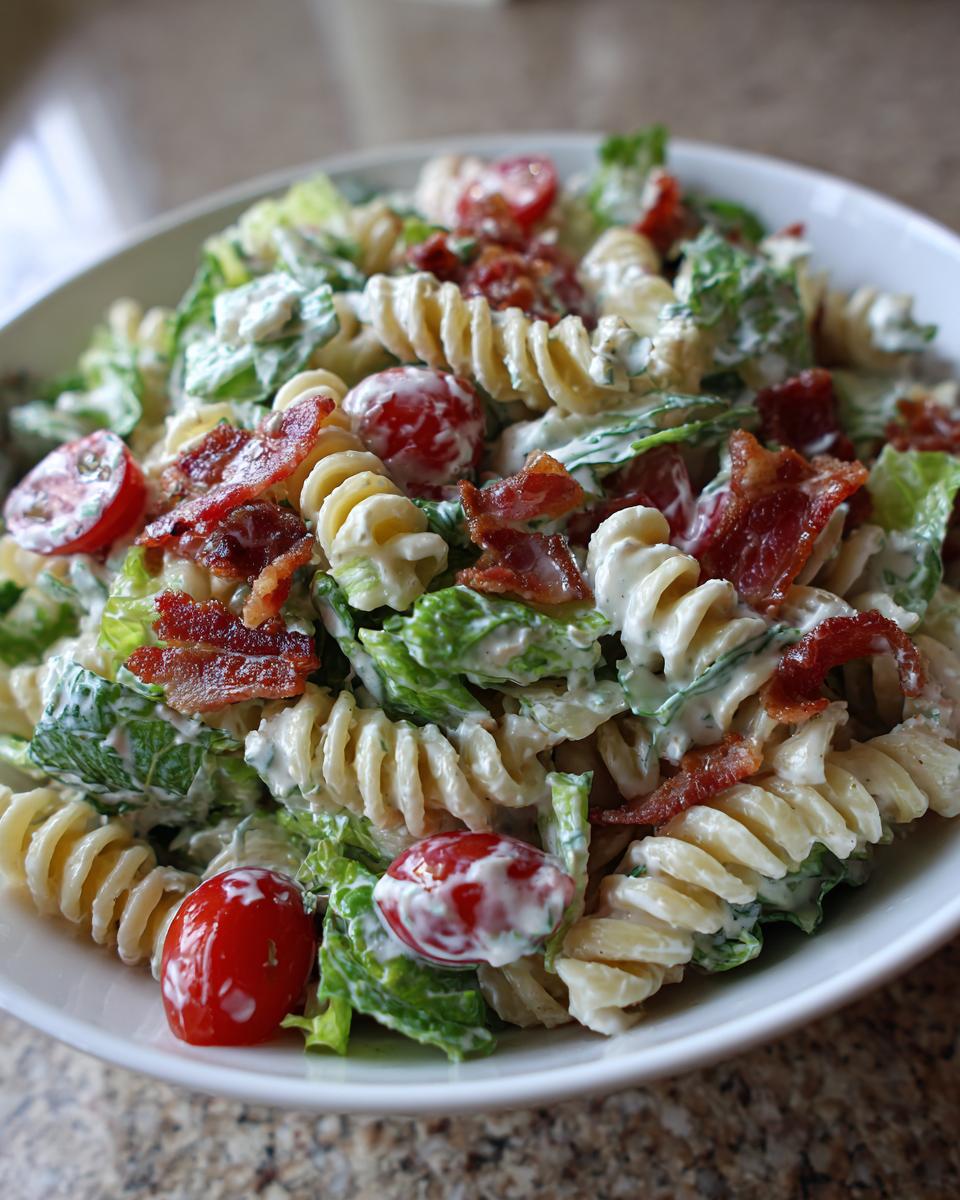Close-up of a bowl of creamy blt pasta salad featuring rotini pasta, crisp lettuce, cherry tomatoes, and bacon pieces.