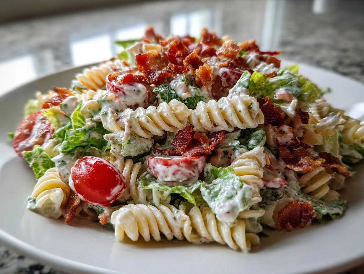 Close-up of a creamy blt pasta salad featuring rotini pasta, crisp lettuce, cherry tomatoes, and crumbled bacon.