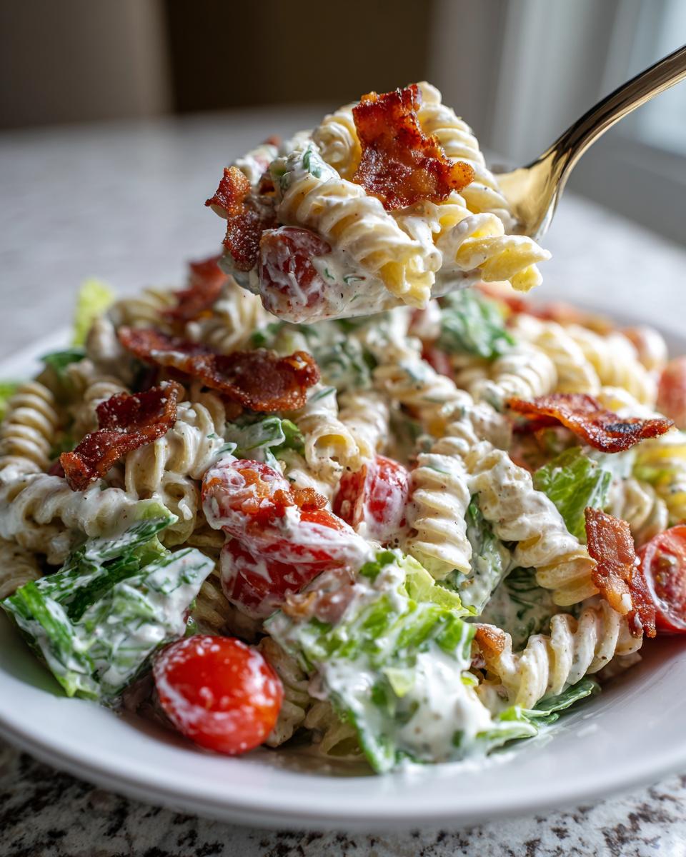 A spoonful of creamy blt pasta salad featuring rotini pasta, bacon bits, cherry tomatoes, and lettuce being lifted from a white bowl.