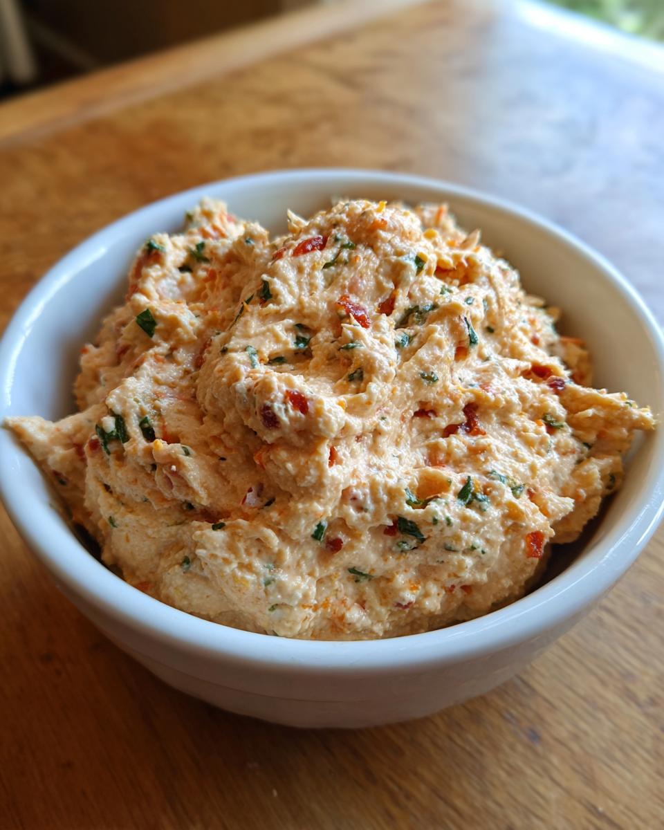 Close-up of a thick, creamy orange-hued boat dip mixed with red peppers and green herbs in a white serving bowl.