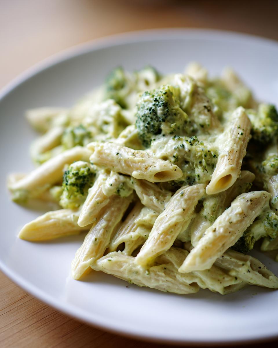 Close-up of creamy broccoli pasta made with penne noodles, served on a white plate.