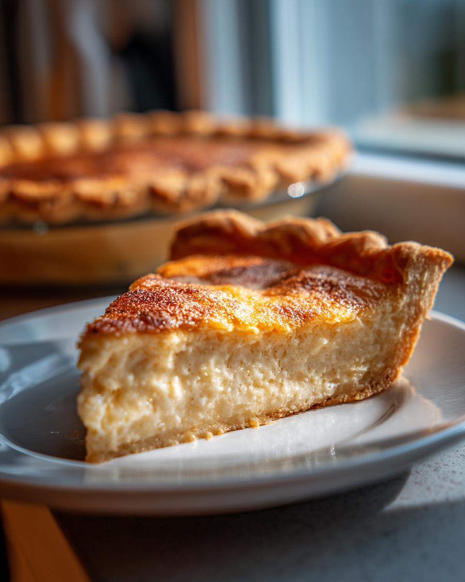 A close-up of a thick slice of creamy butterscotch pie on a white plate, with the rest of the pie blurred in the background.