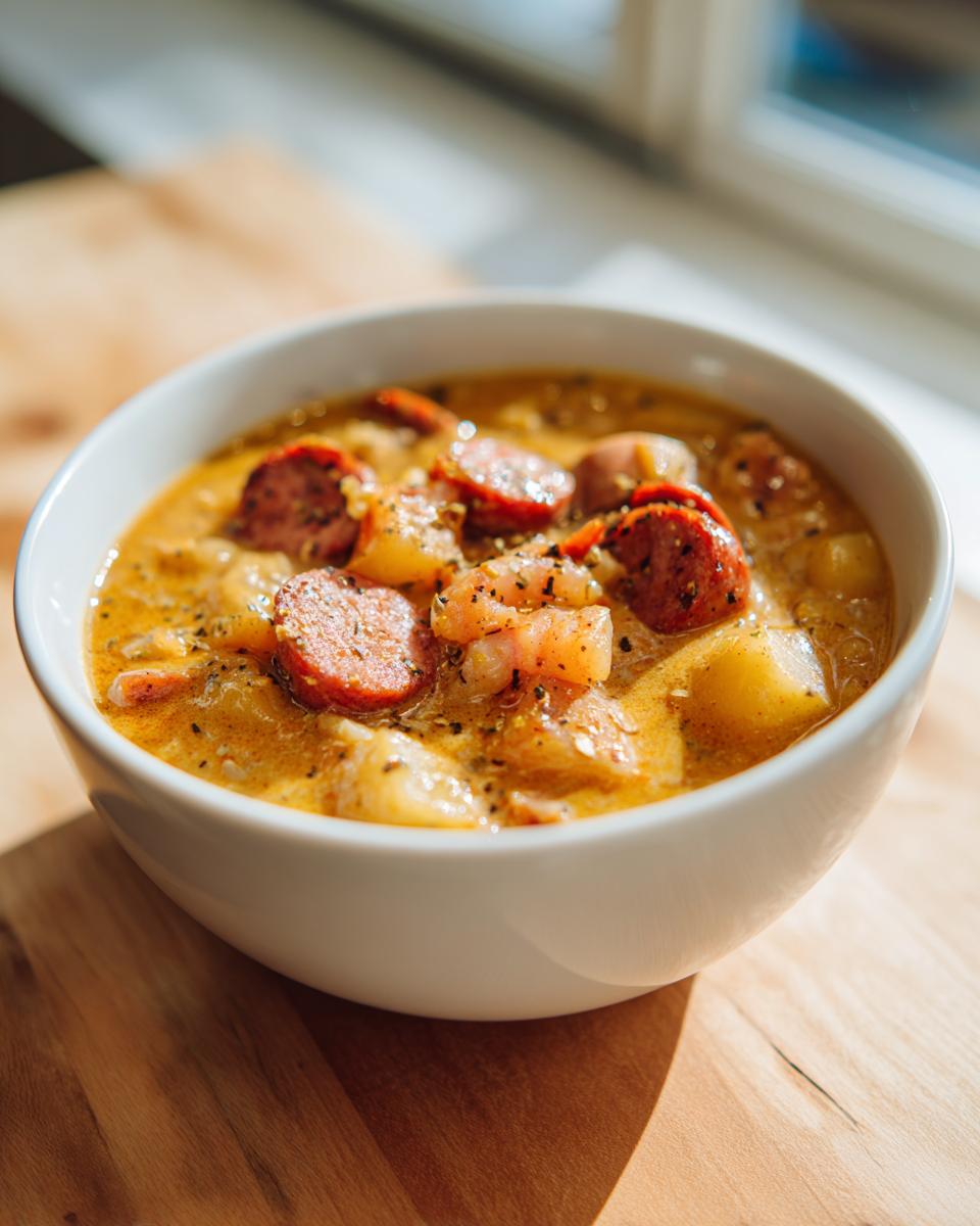 Close-up of a creamy bowl of cajun potato soup topped with sliced andouille sausage and shrimp.