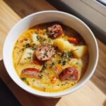 A close-up of a bowl of creamy Cajun potato soup filled with chunks of potato, smoked sausage slices, and garnished with herbs.