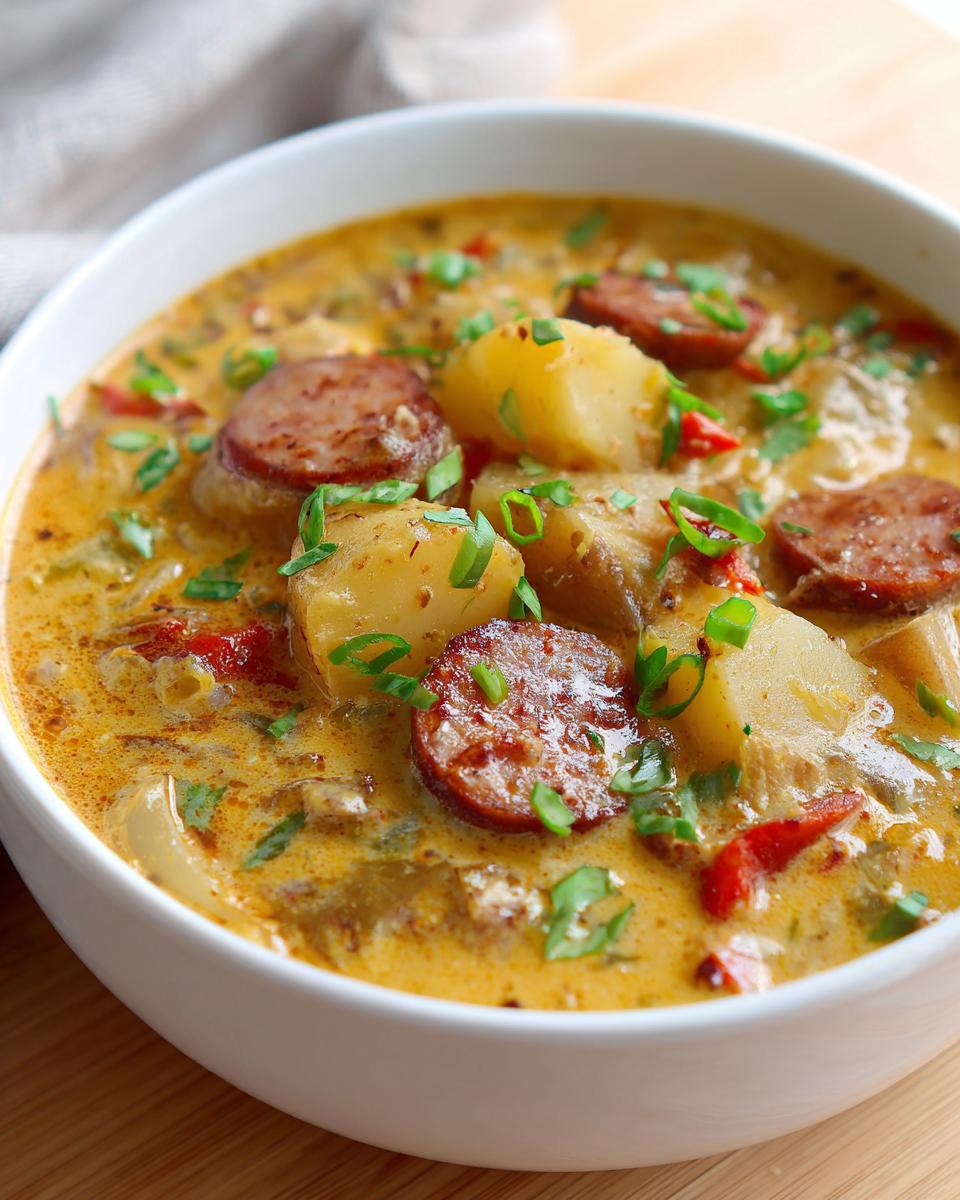 Close-up of a bowl of creamy Cajun potato soup featuring chunks of potato and slices of browned sausage, garnished with green onions.