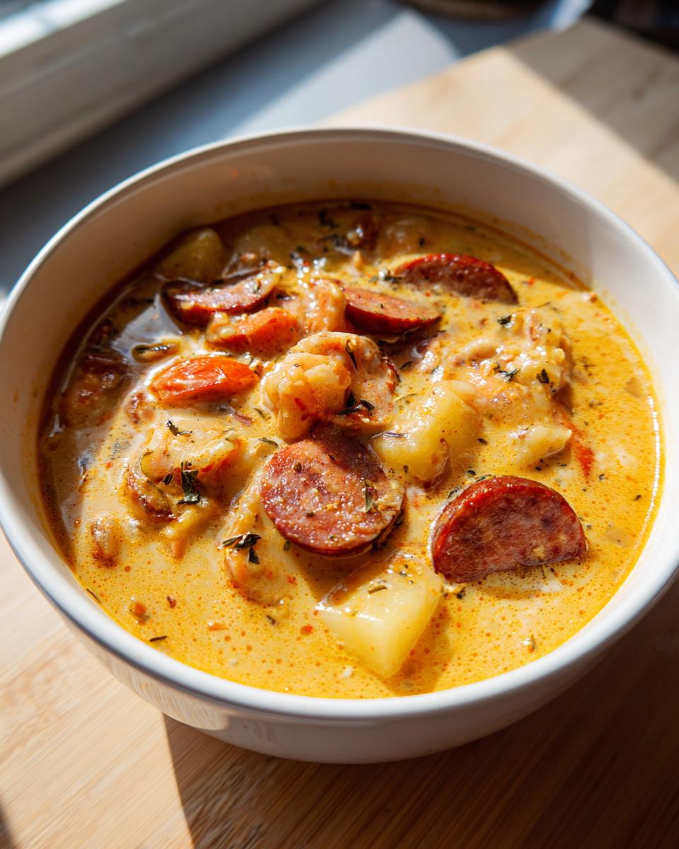 Close-up of a bowl of creamy Cajun potato soup featuring chunks of potato, sliced andouille sausage, and shrimp.