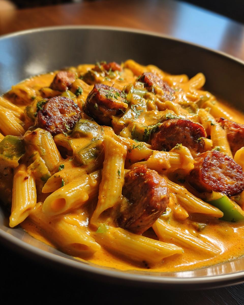 Close-up of creamy cajun sausage pasta featuring penne, sliced smoked sausage, and green peppers in an orange sauce.
