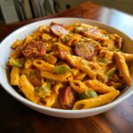 Close-up of a bowl filled with creamy cajun sausage pasta, featuring penne, sliced andouille sausage, and green peppers.