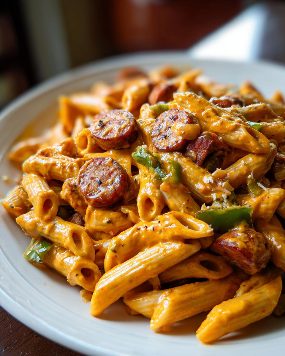 Close-up of creamy cajun sausage pasta featuring penne, sliced smoked sausage, and green peppers.