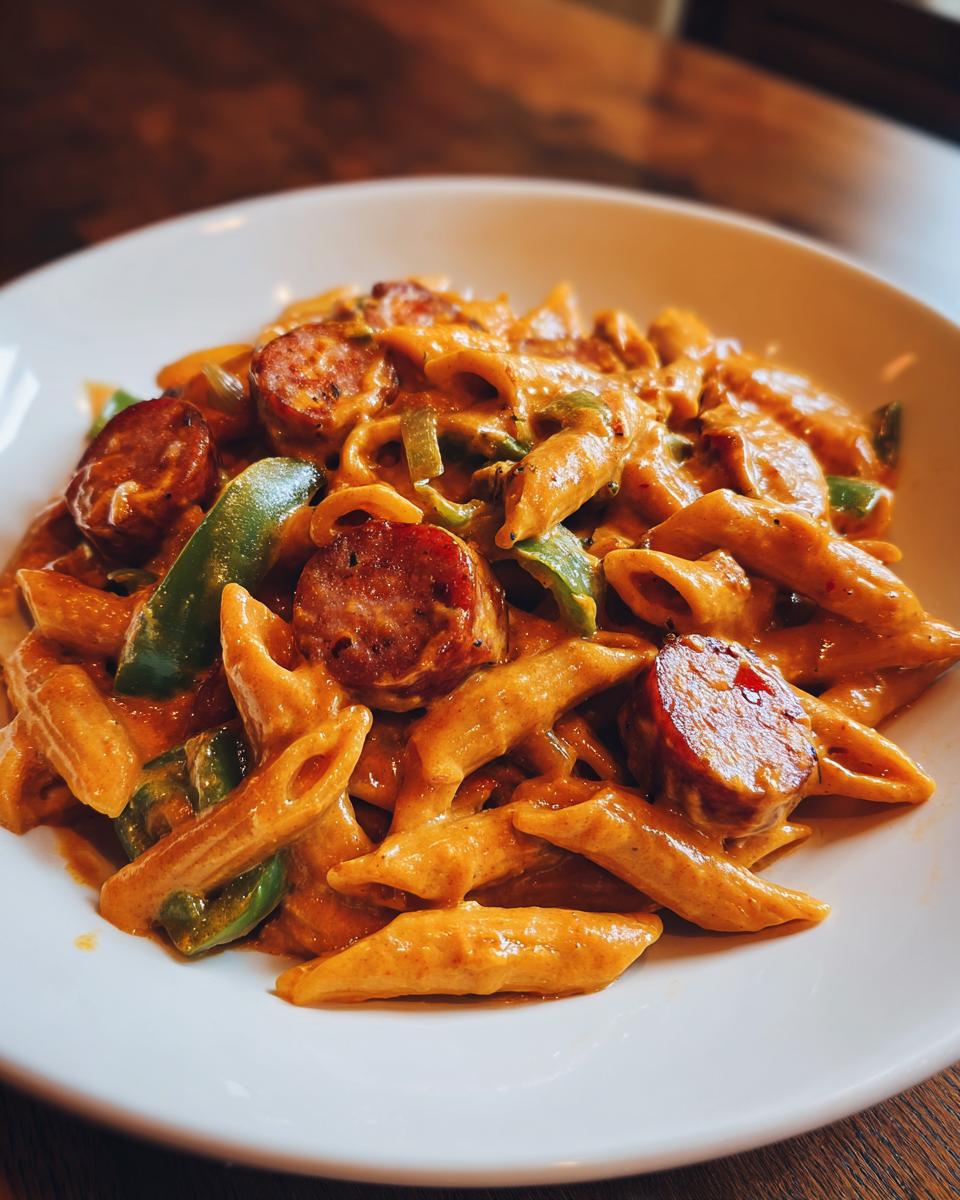 Close-up of creamy cajun sausage pasta featuring penne, sliced andouille sausage, and green bell peppers.